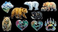 Watercolor bear sticker set with grizzly, polar, black bear, paw print, and heart shapes, isolated on transparent background, ready for t-shirt design, clipart, and print on demand.