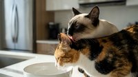 Young female tabby and cream colorpoint cats drinking water from bowl together in modern kitchen interior.
