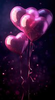Glowing pink heart-shaped balloons floating against dark background with sparkles and ribbons, romantic atmosphere for Valentine's Day or love celebration.