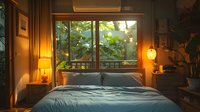 Cozy bedroom interior with warm lighting from bedside lamps creating intimate atmosphere, large window overlooking tropical garden, unmade bed with soft linens perfect for lifestyle and home decor.