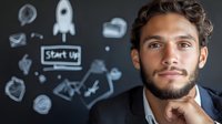 Young Caucasian businessman with beard in suit thinking about startup ideas with innovation icons on chalkboard background for business planning.