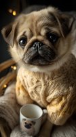 Adorable pug puppy wearing cozy knit sweater sitting with coffee mug in warm indoor setting with bokeh lights for pet care and holiday comfort concepts.