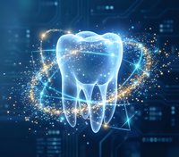 Glowing digital tooth with sparkling particles and light trails on blue technology background for dental healthcare and medical innovation concepts.