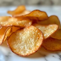 Crispy golden potato chips with delicate texture and translucent edges arranged on white marble surface, macro food photography showing detailed crunch and seasoning.