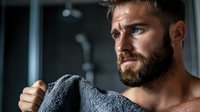 Muscular bearded Caucasian man drying himself with towel after workout, dramatic lighting emphasizes athletic physique and determined expression. Fitness and wellness concept.