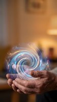 Hands holding glowing spiral energy vortex with blue and purple light effects in warm indoor setting for digital art and fantasy concepts.