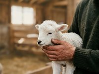 Farmer holding young white lamb in rustic barn setting, showcasing agricultural livestock care and rural farming practices for agricultural and animal husbandry content.
