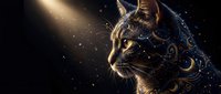 Majestic cat portrait with ornate golden decorative patterns and celestial elements against dark starry background for luxury design projects.