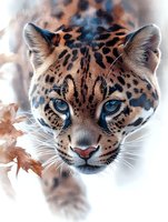 Majestic leopard with piercing blue eyes and spotted fur pattern in close-up portrait view against soft blurred background with autumn leaves.