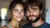 Young diverse couple smiling at camera in natural light. Woman with natural makeup and pulled back hair, man with beard and tousled hair wearing gray shirt.