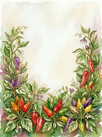 Watercolor botanical frame featuring vibrant chili peppers and flowering plants with green foliage on cream background, isolated design ready for invitations, cards, and print projects.