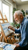 Senior Caucasian male artist with gray beard painting watercolor landscape on easel in bright home studio with plants and art supplies.
