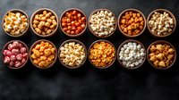 Variety of flavored popcorn and snacks in wooden bowls arranged in rows on dark background, overhead view showing colorful gourmet treats and kernels.