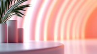 Minimalist curved podium display with pink gradient background and palm leaf decoration. Abstract modern stage setup for product presentation in soft lighting.