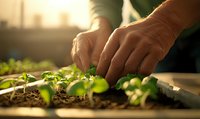 Hands gently tending to young seedlings in morning sunlight, planting in soil tray with fresh green sprouts emerging, showing sustainable gardening and growth.