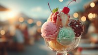 Colorful ice cream sundae with cherry on top in glass bowl against blurred bokeh background, perfect for summer dessert menus.