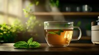 Glass cup of fresh mint tea on wooden table with green leaves, sunlight streaming through window creates warm ambiance, morning wellness drink.