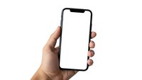 Hand holding modern smartphone with blank white screen mockup for app presentation and mobile interface design on transparent background.
