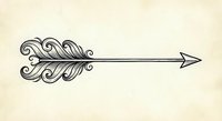 Decorative arrow with ornate feather fletching in vintage line art style on textured background for bohemian design projects.