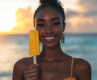 Young African American woman with bright smile holding yellow ice pop at beach during golden sunset, ocean waves and warm sky in background.