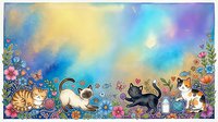 Watercolor cats and flowers border with colorful sky background, copy space for text, greeting card, poster, or nursery art.