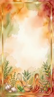 Watercolor cooking frame with culinary ingredients, herbs, and kitchen utensils on warm autumn background with gold border, suitable for recipe cards and food design projects.