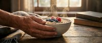 Mature man's hand reaching toward bowl of oatmeal with fresh berries on rustic wooden table by window, healthy breakfast scene.