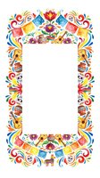 Colorful Mexican Day of the Dead decorative border frame with skulls, marigolds, papel picado banners, guitars and traditional folk art elements on white background.