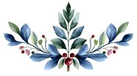 Watercolor floral composition with blue and green leaves arranged symmetrically, featuring red berries and botanical elements on white background, ready for design use.