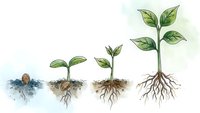 Plant growth stages from seed to mature seedling showing root development and leaf formation in soil cross-section for educational materials.