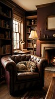 Cozy home library with leather armchair, sleeping dog, fireplace, wooden bookshelves, warm lighting creating comfortable reading atmosphere for relaxation.