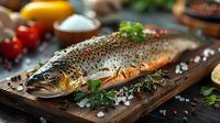 Fresh raw salmon on rustic wooden board with aromatic herbs, sea salt, spices, lemon and cherry tomatoes. Healthy cooking concept for restaurant menu.