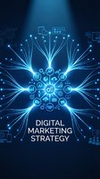 Digital marketing strategy concept with glowing interconnected icons representing analytics, social media, email, commerce, and business growth on dark blue background for corporate presentations.