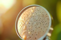 Macro shot of water droplets on magnifying glass surface against blurred natural background with golden sunlight creating bokeh effect and reflections.