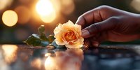 Delicate peach rose held by hand over reflective surface with golden bokeh lights creating romantic atmosphere. Soft focus floral composition at sunset.