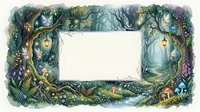 Enchanted forest frame with fairies, glowing lanterns, mushrooms, and twisted trees, surrounding a blank white space for text or design.