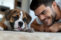 Young Caucasian man smiling while lying on carpet next to boxer puppy with toy, capturing bond between pet owner and dog in home setting.