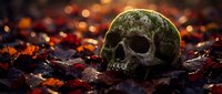 Weathered human skull resting among autumn leaves with warm bokeh lights creating atmospheric horror scene for Halloween decorations and spooky designs.