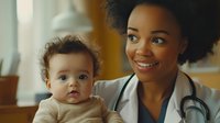 African American female pediatrician with stethoscope holding mixed-race baby patient during medical checkup in bright clinic office.