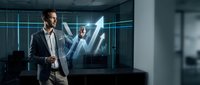 Businessman in formal suit analyzing upward trending arrow graph with digital holographic display in modern office environment for business growth.