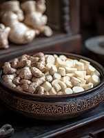 Fresh ginger root and peeled garlic cloves in decorative ceramic bowl on dark background, moody food photography with natural lighting.