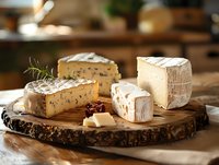 Gourmet cheese board with variety of artisanal cheeses on rustic wooden platter. Soft and blue cheese selection in warm kitchen setting.