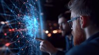 Caucasian male data scientist analyzing glowing network visualization with digital connections and nodes. Futuristic technology concept showing big data analysis.
