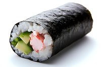 Fresh sushi roll with crab meat, avocado and cucumber wrapped in nori seaweed sheet on white background, close up view of traditional Japanese cuisine.