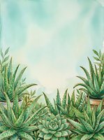 Watercolor succulent plants frame with soft green tones and cloudy sky background for botanical design projects and natural home decor themes.