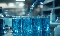 Pipette dispensing blue liquid into laboratory test tubes in scientific research facility setting.