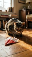 Tabby cat with amber eyes stalking toy on wooden floor in sunlit study room with books, furniture and warm interior decor.