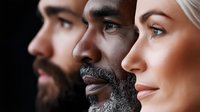 Three diverse professionals in profile view showcasing teamwork and collaboration in modern workplace environment for business presentations.