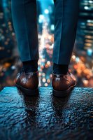 Business person standing on wet surface at night with city lights bokeh background creating atmospheric urban mood with brown leather shoes and navy pants.