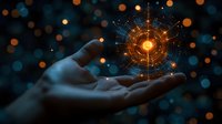 Mystical glowing orange energy sphere floating above open palm against dark background with bokeh lights, representing spiritual power and supernatural abilities.